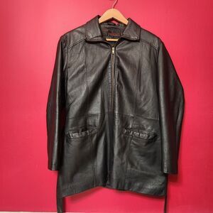 Vintage Phase Two Belted Quilt Lined Black Leather Jacket Size XL